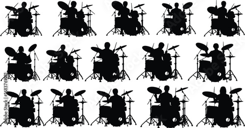 Drummer silhouette pattern, drum set illustration, music performance art, percussion instrument graphic, band concert concept, rhythmic entertainment theme, musical activity design