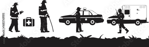 Emergency, responders, firefighter, police, EMT, ambulance, police car, medical kit, silhouette, outdoor, teamwork, rescue, black, white, illustration, safety, vehicle, personnel, siren, grass