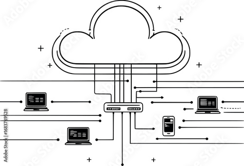 Cloud Computing Network Outline Concept. Minimalist Tech Infrastructure Illustration with Connected Devices for IT and Business Materials.