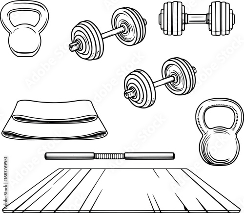 Fitness equipment outline set. Minimalist monoline illustration for gym branding and workout applications.