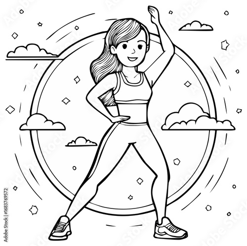 Fitness woman doing exercises in outline cartoon illustration