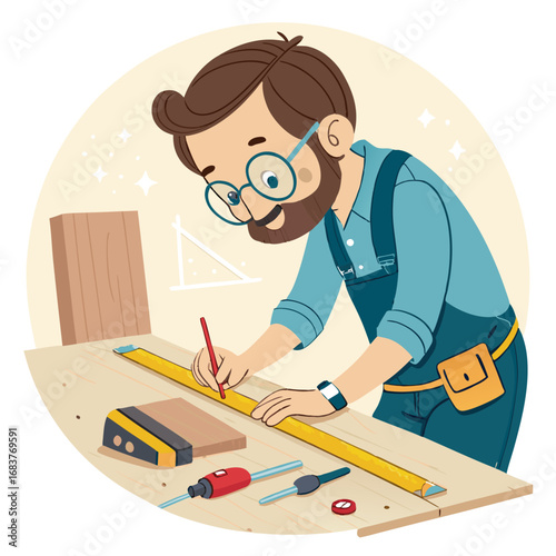 Smiling Carpenter Measuring Wood in Workshop Illustration.