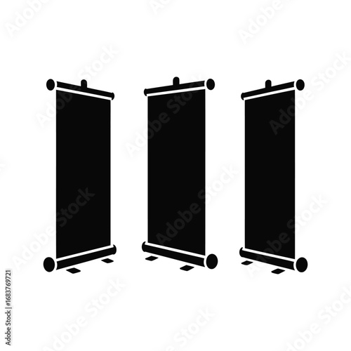 Three black roll up banners on white background