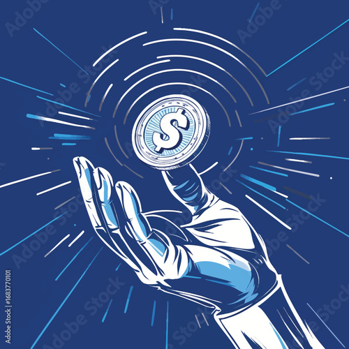 Coin flip decision moment outline illustration. Vector drawing of hand tossing currency with dynamic motion trajectory in continuous line style.