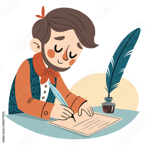 Vintage Illustration of a Man Writing a Letter with a Quill Pen.