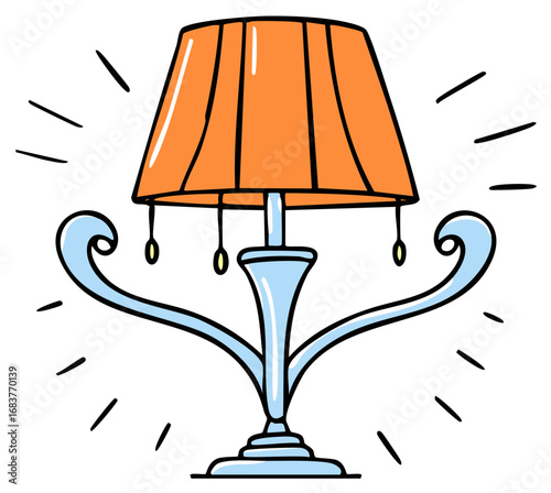 Charming orange lampshade illustration radiates lighting in a doodle style drawing with a decorative base and glowing bulb details