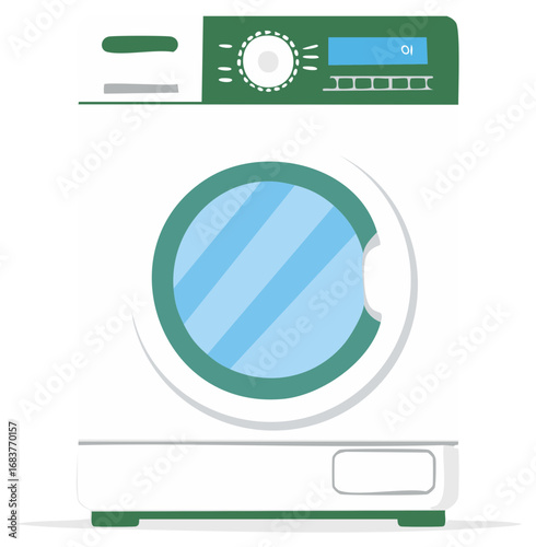 Front view of a modern white and green washing machine with a large glass door