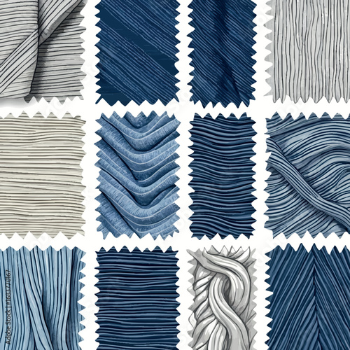 Fabric textures outline swatch collection. Vector line drawing showing detailed patterns of different textile materials from silk to denim.