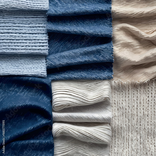 Fabric textures outline swatch collection. Vector line drawing showing detailed patterns of different textile materials from silk to denim.