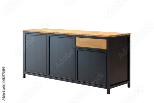 Modern black sideboard cabinet with oak drawer and doors isolated on transparent background