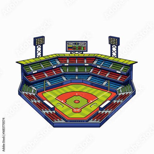 Vibrant Baseball Stadium with Colorful Seating and Scoreboard