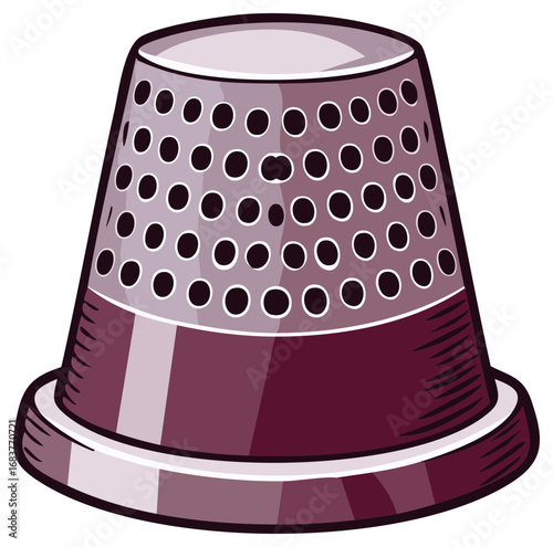 Stylized vector illustration of a purple sewing thimble, a classic tool for tailoring and needlecraft