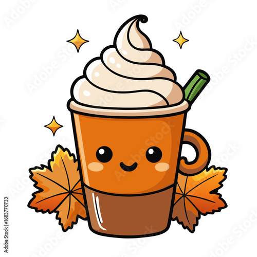 Cute kawaii pumpkin spice latte with autumn leaves and stars vector illustration