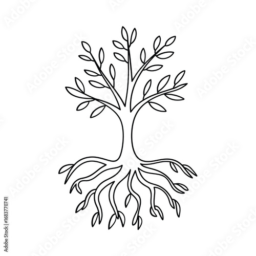 Simple line drawing of a tree with visible roots