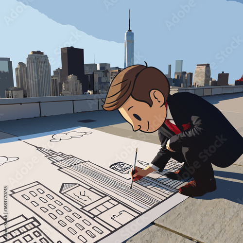 Young artist boy drawing the New York City skyline on a rooftop canvas.