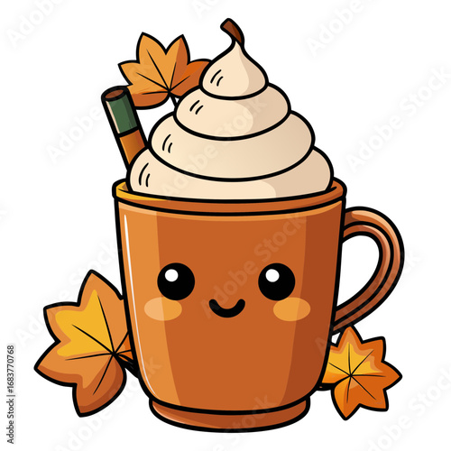 Adorable cute kawaii pumpkin spice latte vector illustration with autumn leaves and whipped cream