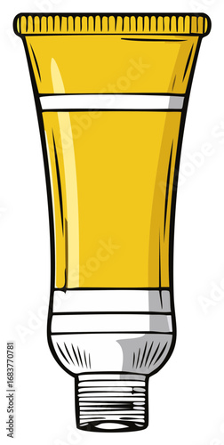 Bright yellow squeeze tube for cosmetics or medicine with white stripes and a screw cap