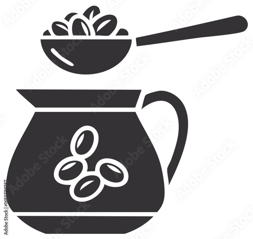 Coffee preparation illustration of beans in scoop above decorative pot