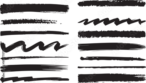 hand-drawn brush stroke set with grunge and scribble style black lines for graphic design, underline elements, and creative decorative accents