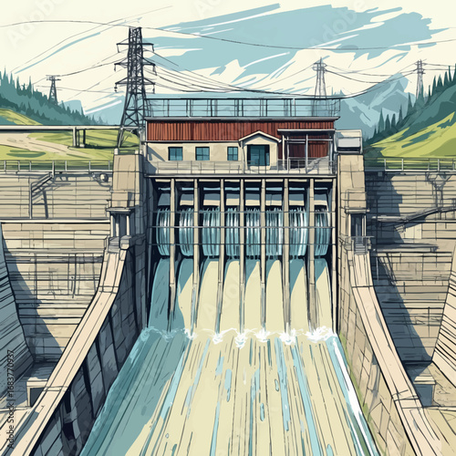 Hydroelectric dam infrastructure outline. Vector drawing of water energy facility