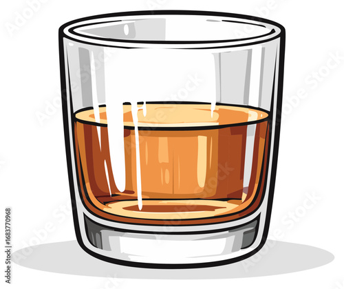 Whiskey glass with amber liquid and highlights, illustration