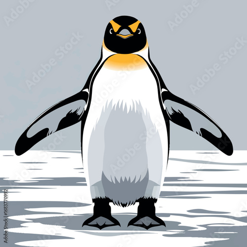 Standing penguin outline. Front view illustration with open flippers and ice detail