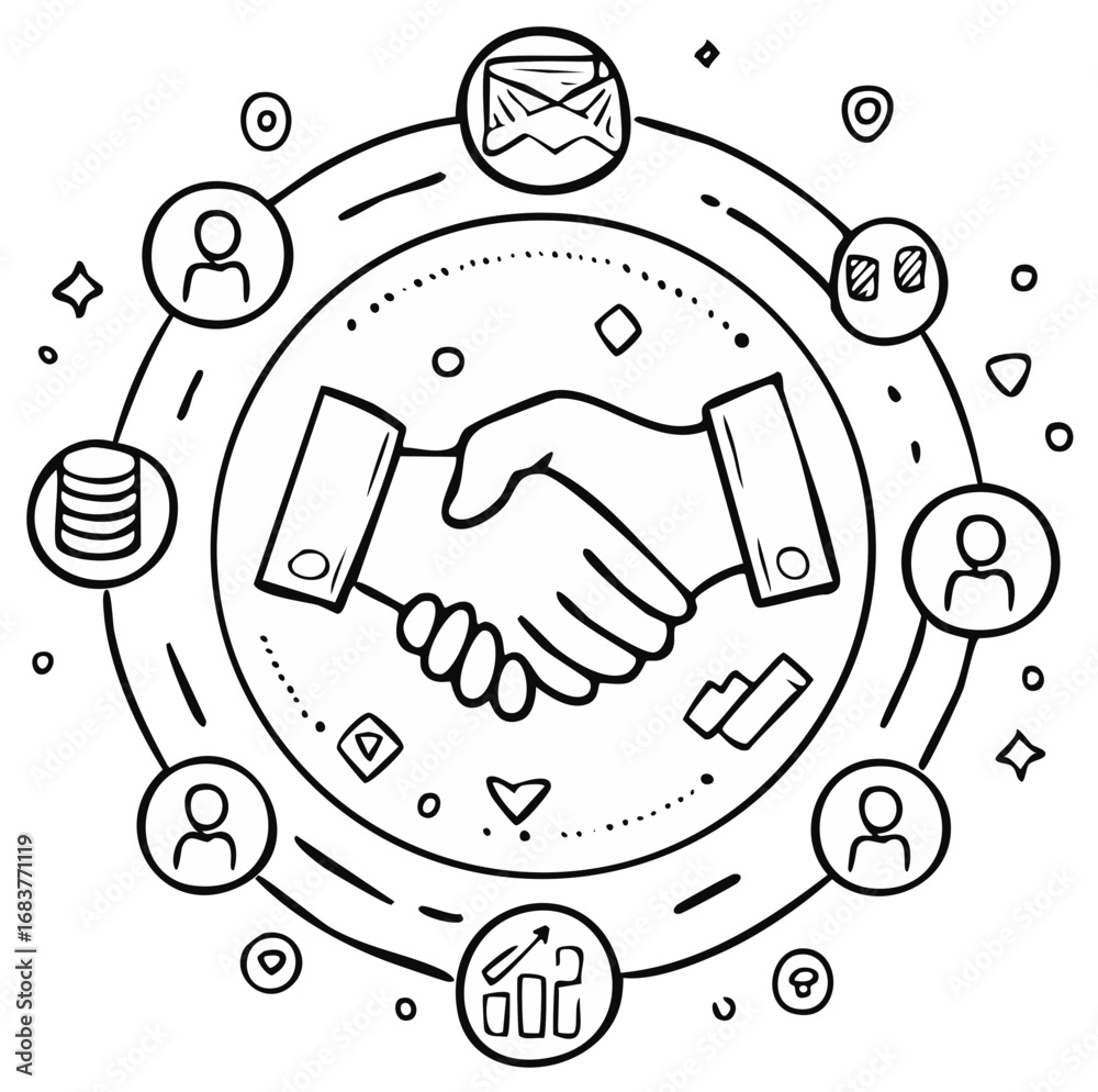 Naklejka premium Business Handshake Agreement Circle with Icons for Collaboration and Growth