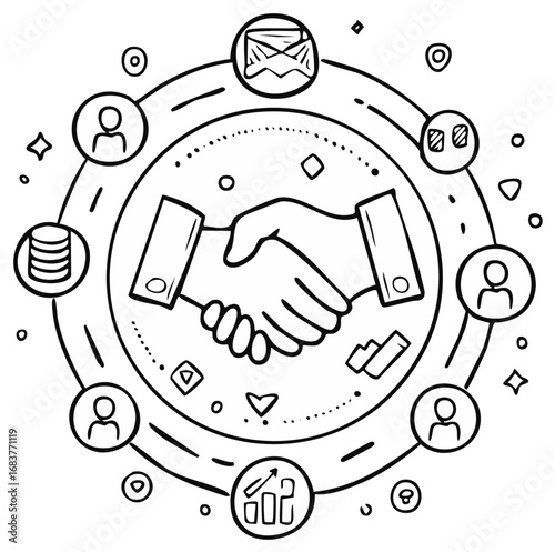 Business Handshake Agreement Circle with Icons for Collaboration and Growth