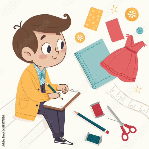 Young Boy Fashion Designer Sketching a New Creation.