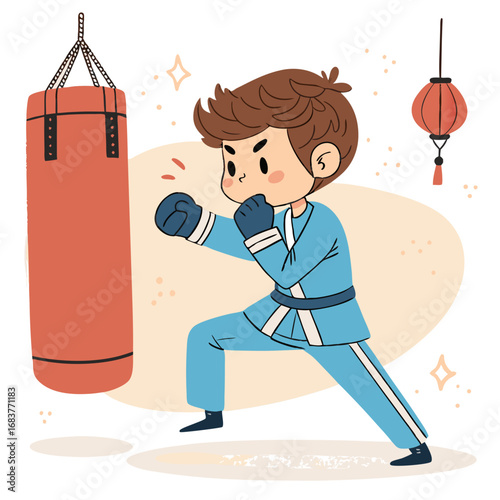 Young boy in a blue uniform training with a punching bag.