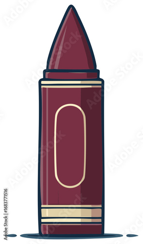 Illustration of a single burgundy crayon with a dark outline and a light yellow stripe