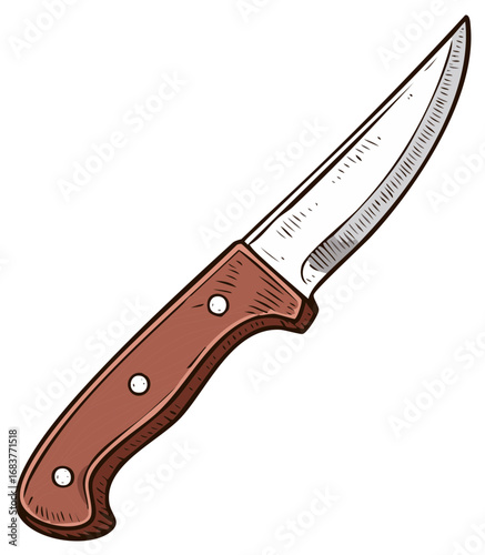 Illustration of Utility Knife with Wooden Handle, Kitchen Cooking Cutlery, Metal Blade