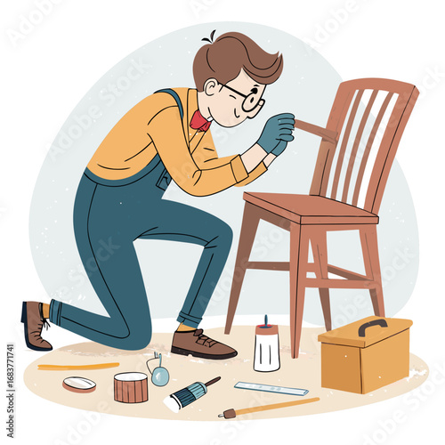 Young craftsman in overalls carefully repairing a wooden chair.