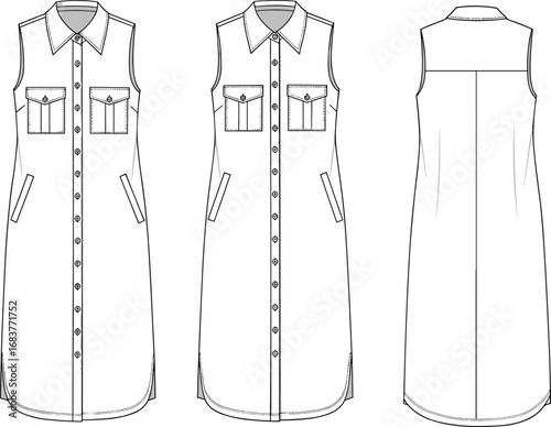 Sleeveless shirt dress technical fashion flat, button front, flap pockets, collar design, vector cad drawing, garment construction illustration