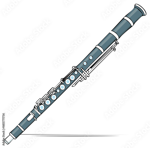 Illustration of a simple clarinet design with basic keys and gray color on white background