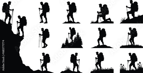 Hiking silhouettes with trekking poles, outdoor adventure illustration, mountain climbing art, backpacking activity concept, wilderness travel theme, nature exploration design, sport posture graphic