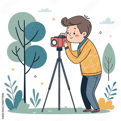 Young male photographer taking pictures in nature with a camera on a tripod.