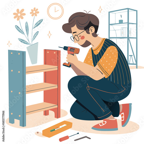 Young Man Assembling a Wooden Bookshelf with a Drill.