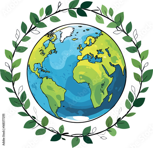 Outline Earth with leaves symbolizing environment and ecology in minimal style