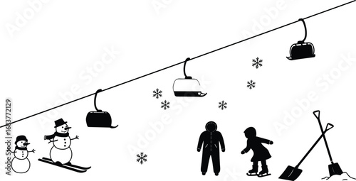 Winter, snow, skiing, snowman, ski lift, gondola, ice skating, snowflakes, shovel, coat