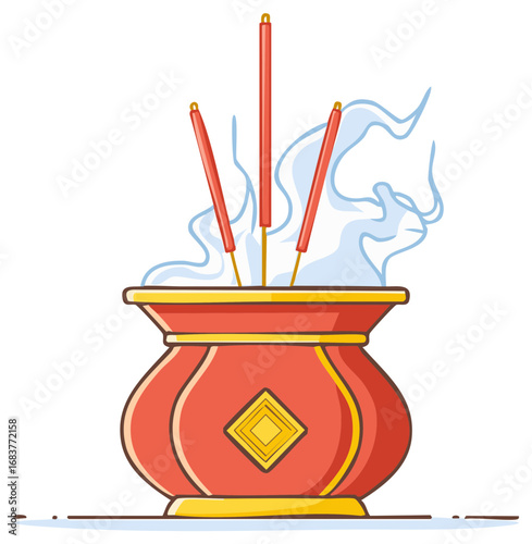 Incense burner with burning red incense sticks and wisps of smoke, festive red and gold design.