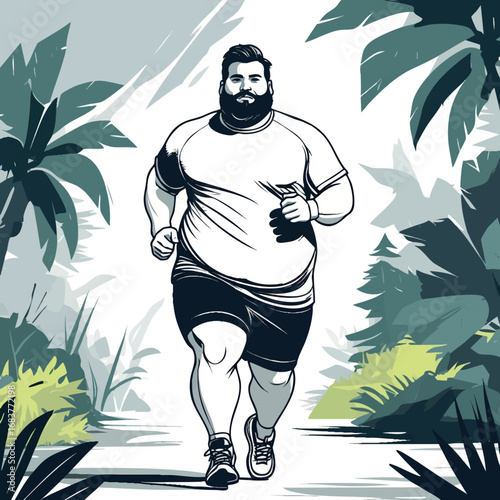 Active plus size man jogging outline vector promoting healthy lifestyle