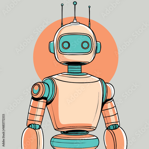 Minimalist Retro-Futuristic Robot Outline. Single-Line Drawing in Pastel Orange and Teal 1970s Tech Vision.