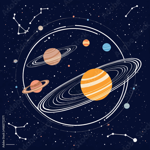 Accurate Solar System Outline Illustration with Orbital Paths. Scientific Astronomical Diagram with Scale Representation.