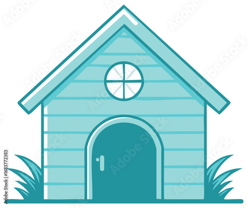 A simple blue cartoon dog house with a round window and grass tufts