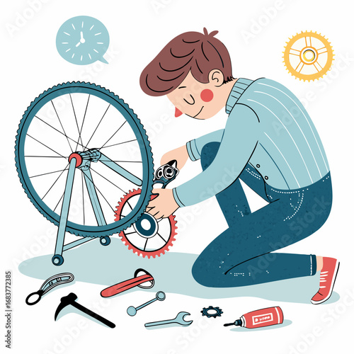 Young man repairing a bicycle with tools illustration.