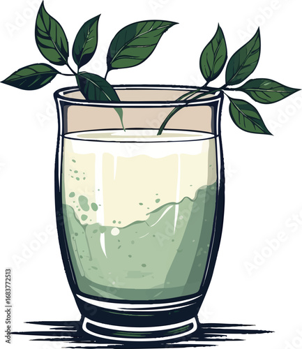 Buttermilk outline vector. Traditional Indian chaas drink with clay glass in linear style.