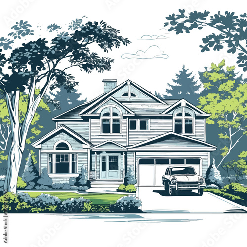 Suburban family home outline vector. Line art of house with driveway and trees.