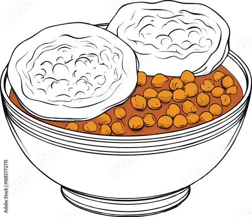 Chole bhature outline vector with chickpea curry and puffy fried bread