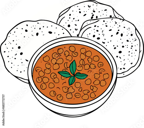 Chole bhature outline vector with chickpea curry and puffy fried bread